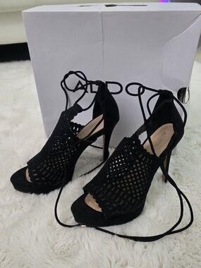 ALDO Black Laser-Cut Lace-Up Peep Toe Stilettos